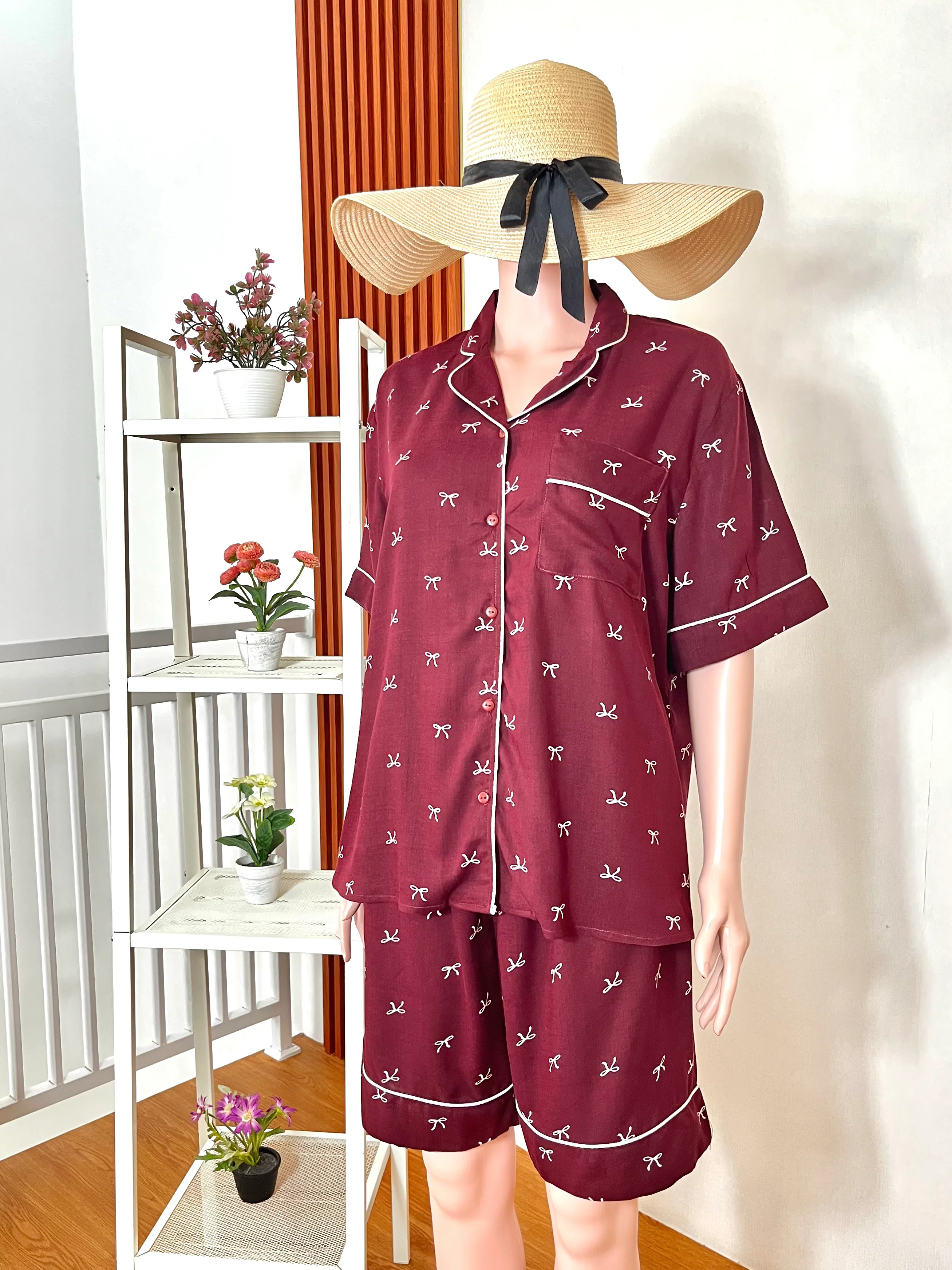 Leia Apparel - Burgundy Ribbon Notch Pajamas