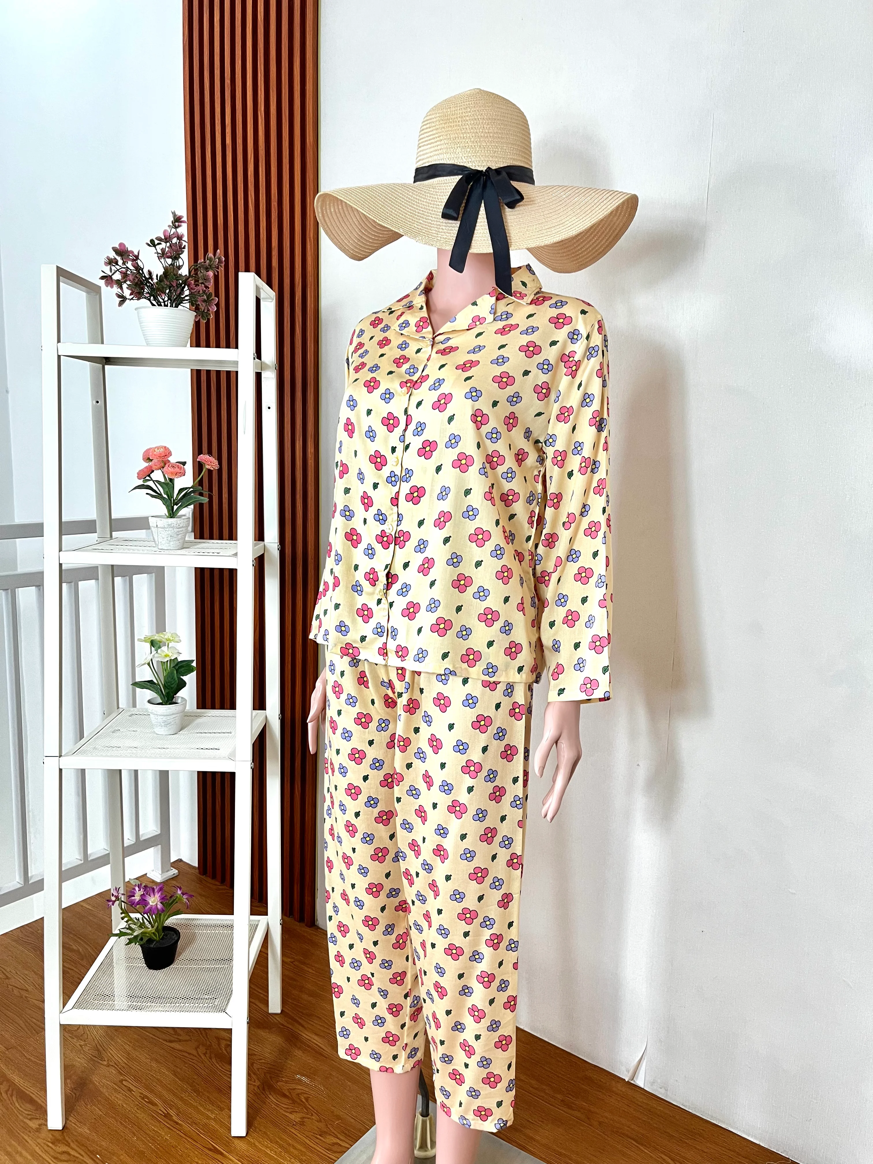 Pastel Buttercup Floral Long Pajamas Set